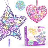 Seckton Arts and Crafts for Kids Ages 6-12, 3 Pack 3D String Art Kit for Girls,Christmas Birthday Gifts for 8 9 10 11 12 Year Old Girls and Boys Heart Star Round Lantern 20 Multi-Colored LED Bulbs
